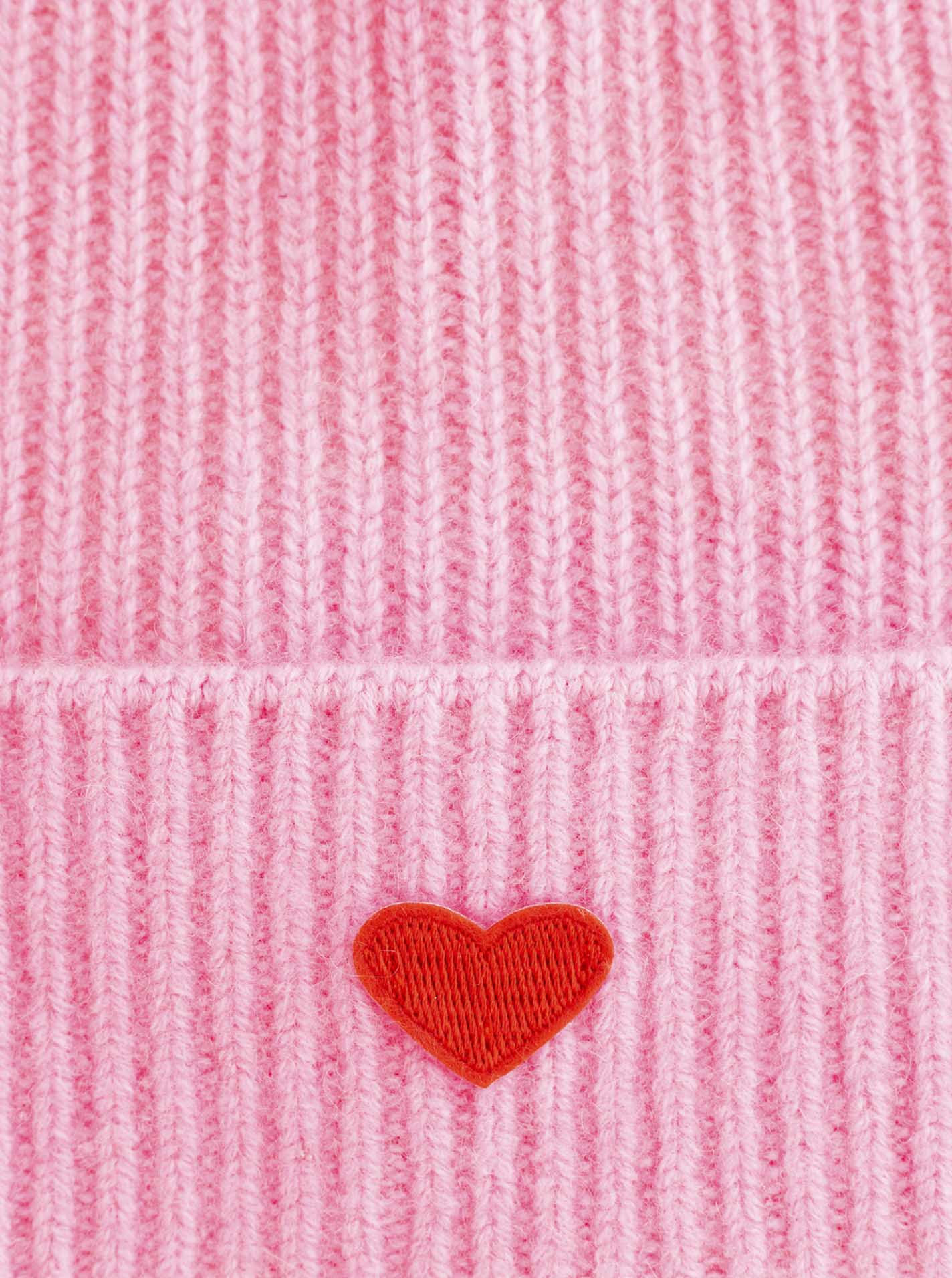 Zwillingsherz Kaschmir-Umschlag-Mütze - 100% Kaschmir, Rosa mit rotem Herz
