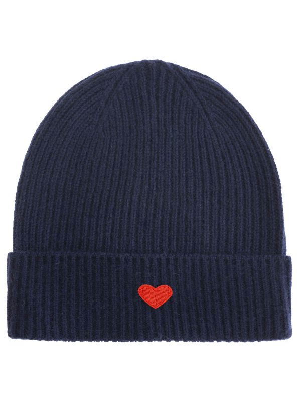 Zwillingsherz Kaschmir-Umschlag-Mütze - 100% Kaschmir, Navy mit rotem Herz