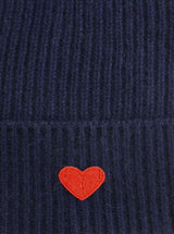 Zwillingsherz Kaschmir-Umschlag-Mütze - 100% Kaschmir, Navy mit rotem Herz