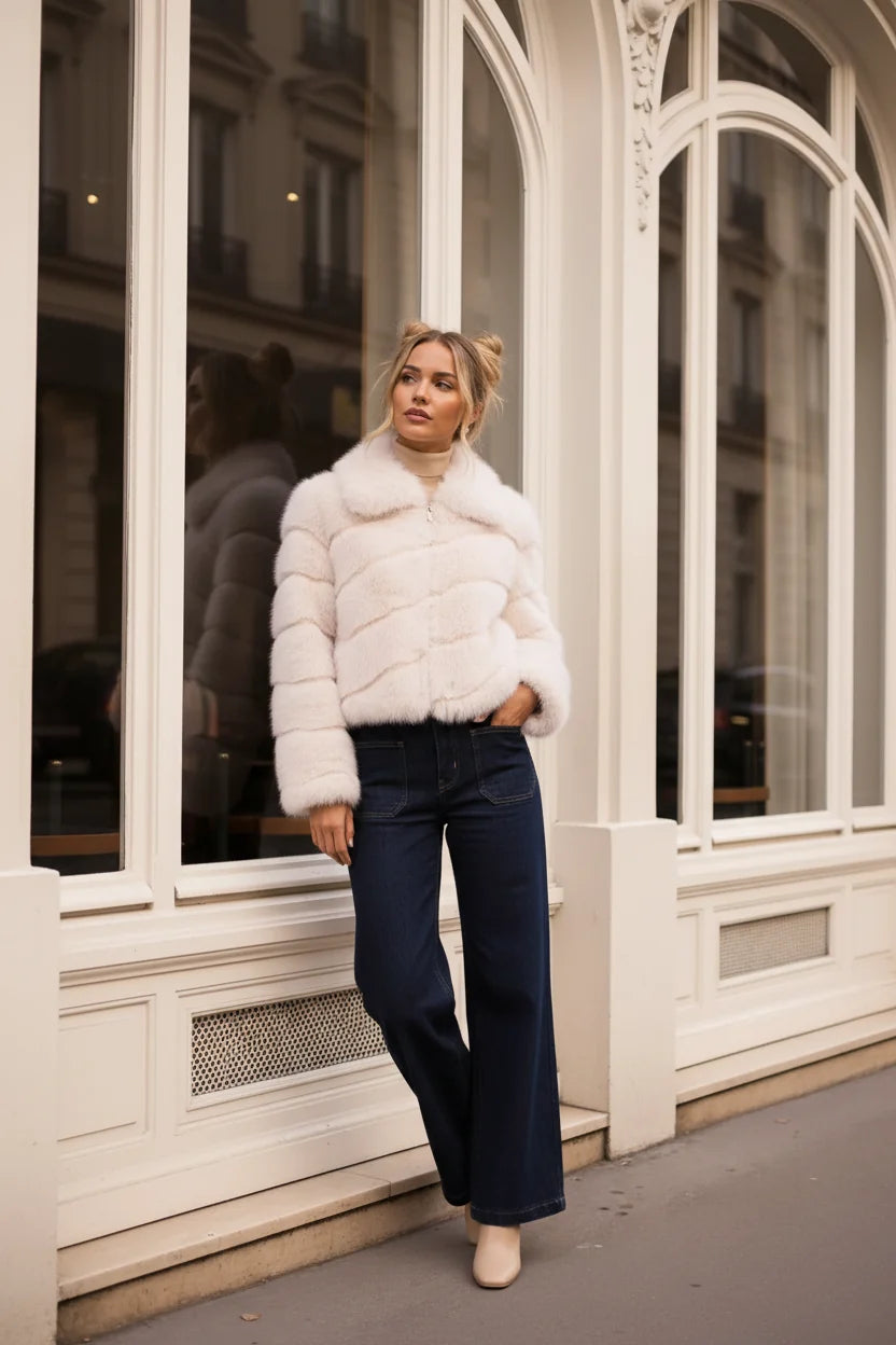 Attentif Paris Kunstfell-Jacke Beige – Langhaarig & schräg gestreift