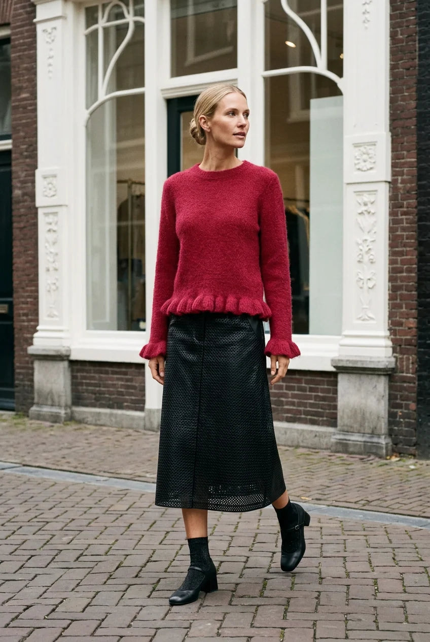 Audrey Paris Strickpullover mit Rüschen in Kirschrot