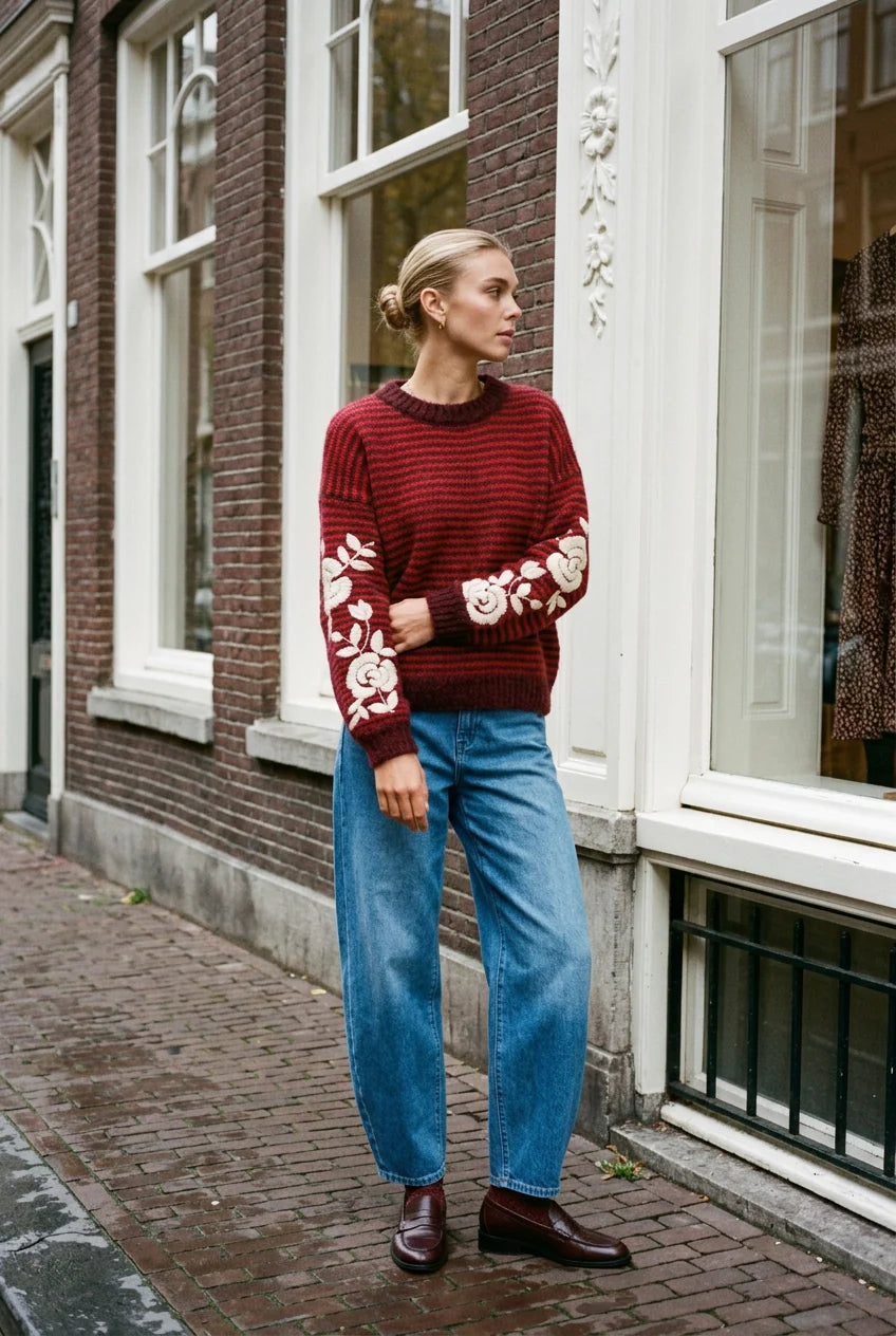 Afinity Strickpullover Audrey mit Blumenstickerei Rouge – lockerer Schnitt