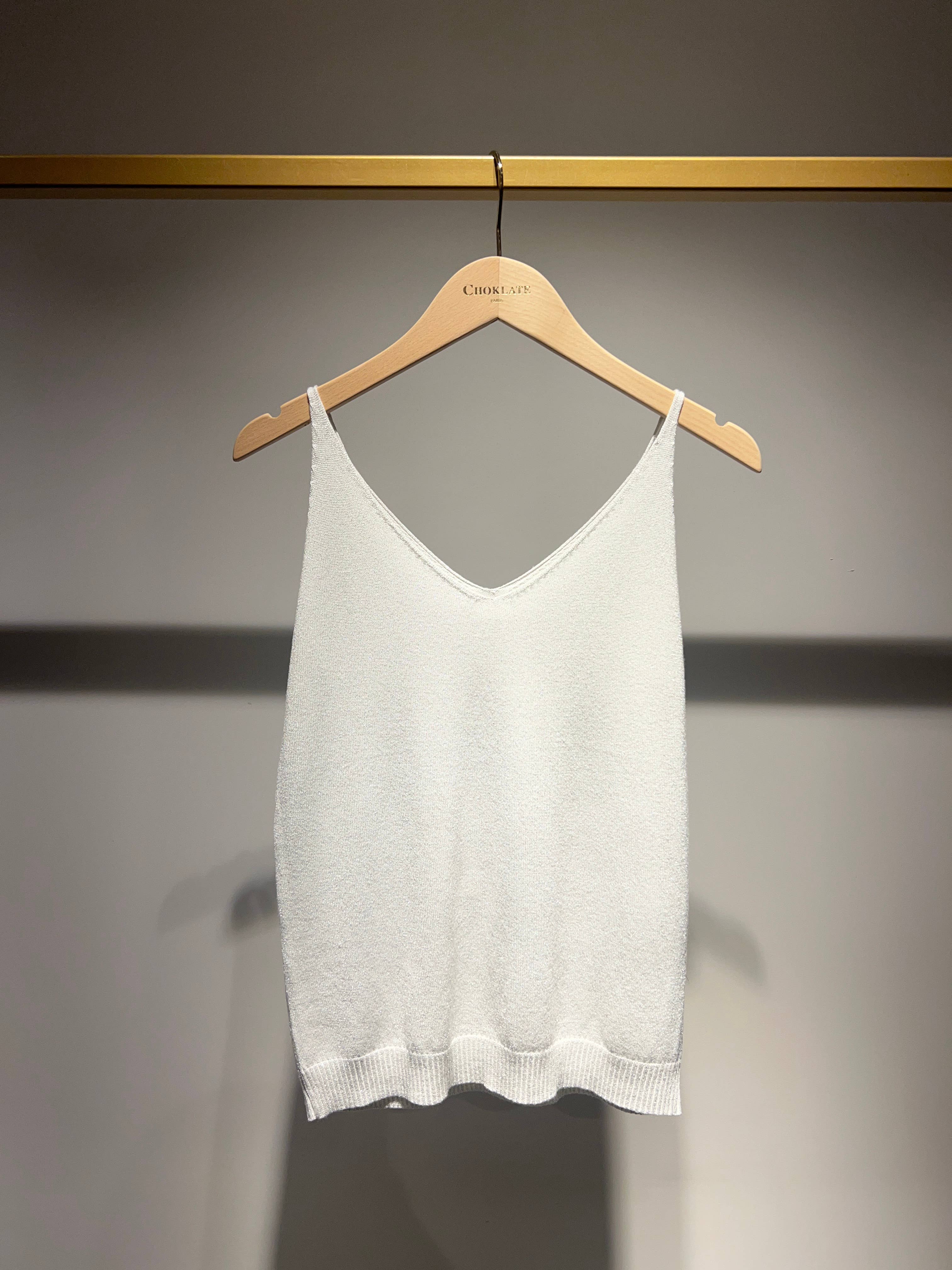Choklate Paris Lurex-Trägershirt Blanc Argenté – feines Stricktop Weiß mit Silberschimmer