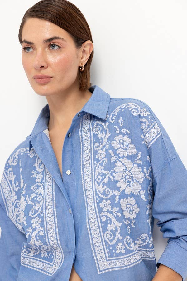 Lanidor Besticktes Hemd gerader Schnitt - Hellblau