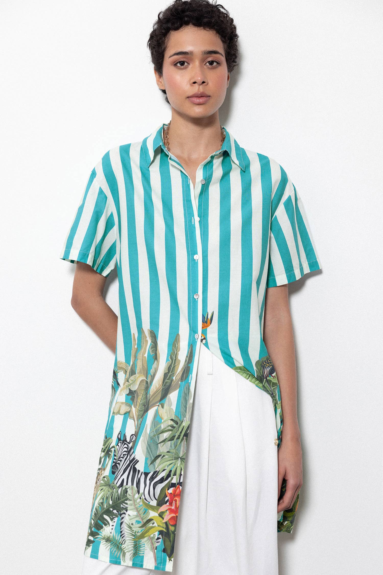 Lanidor Long-Blouse Türkis gestreift mit Tropicalprint