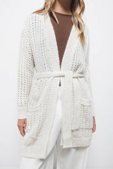 Lanidor - Lange Strickjacke in femininem Lochstrickmuster mit Gürtel in Beige