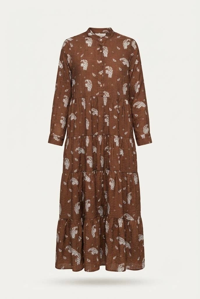 Choklate Paris Maxikleid Marbella Choco – Braunes Paisleykleid aus Viskose und Seide