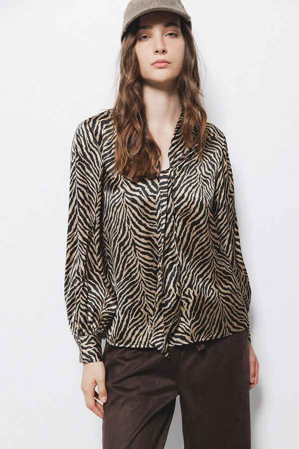 Lanidor Bluse mit Zebramuster & V-Ausschnitt - Schluppe  - Camel - Schwarz