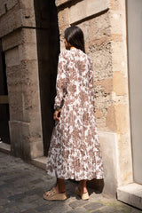 Choklate Paris Maxikleid Marbella in Schokobraun & Weiß Blumenprint Viskose-Seide