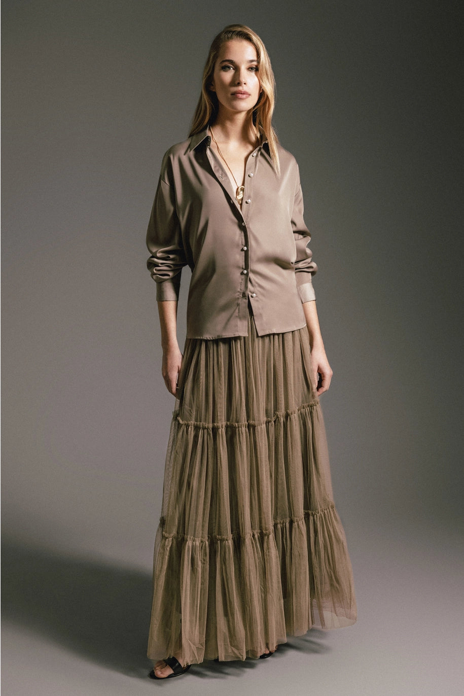 Lanidor Ausgestellter Tüllrock Midi Taupe - Elastischer Bund mit Taschen