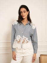 Choklate Paris Baumwollbluse mit Spitzeneinsätzen - gestreift - Blau-Weiß