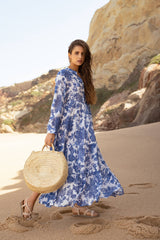 Choklate Paris Maxikleid Marbella in Indigoblau & Weiß Blumenprint Viskose-Seide