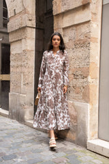 Choklate Paris Maxikleid Marbella in Schokobraun & Weiß Blumenprint Viskose-Seide