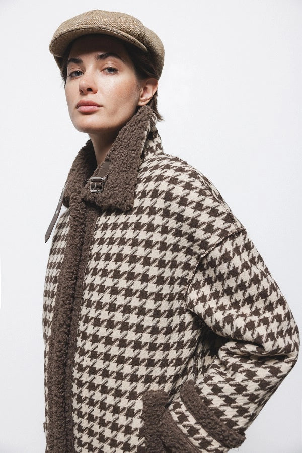 Lanidor - Winter-Jacke - Hahnentritt mit Teddyfell in Beige & Braun