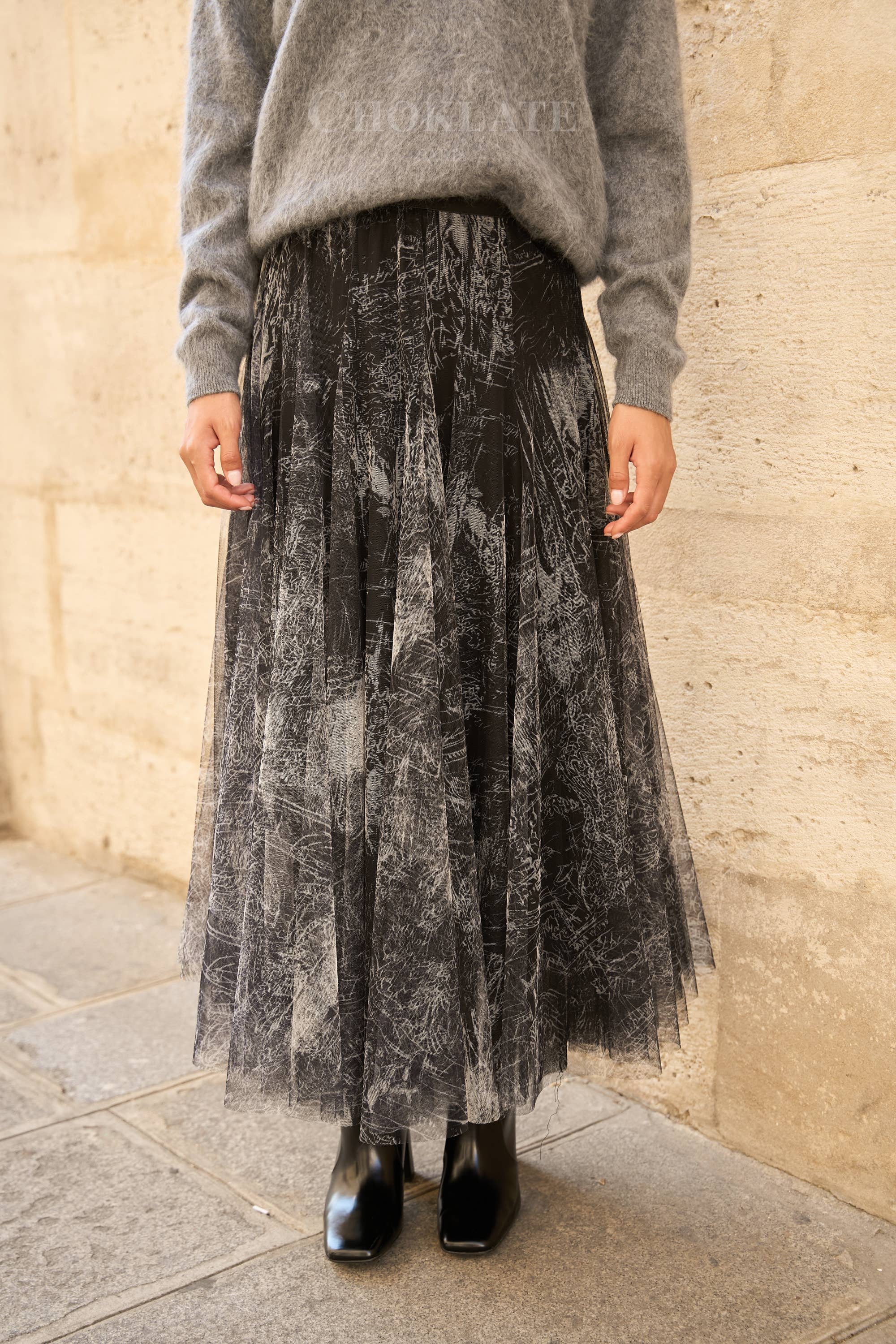 Choklate Paris Ambre Tüllrock mit Toile-de-Jouy-Print Schwarz-Grau