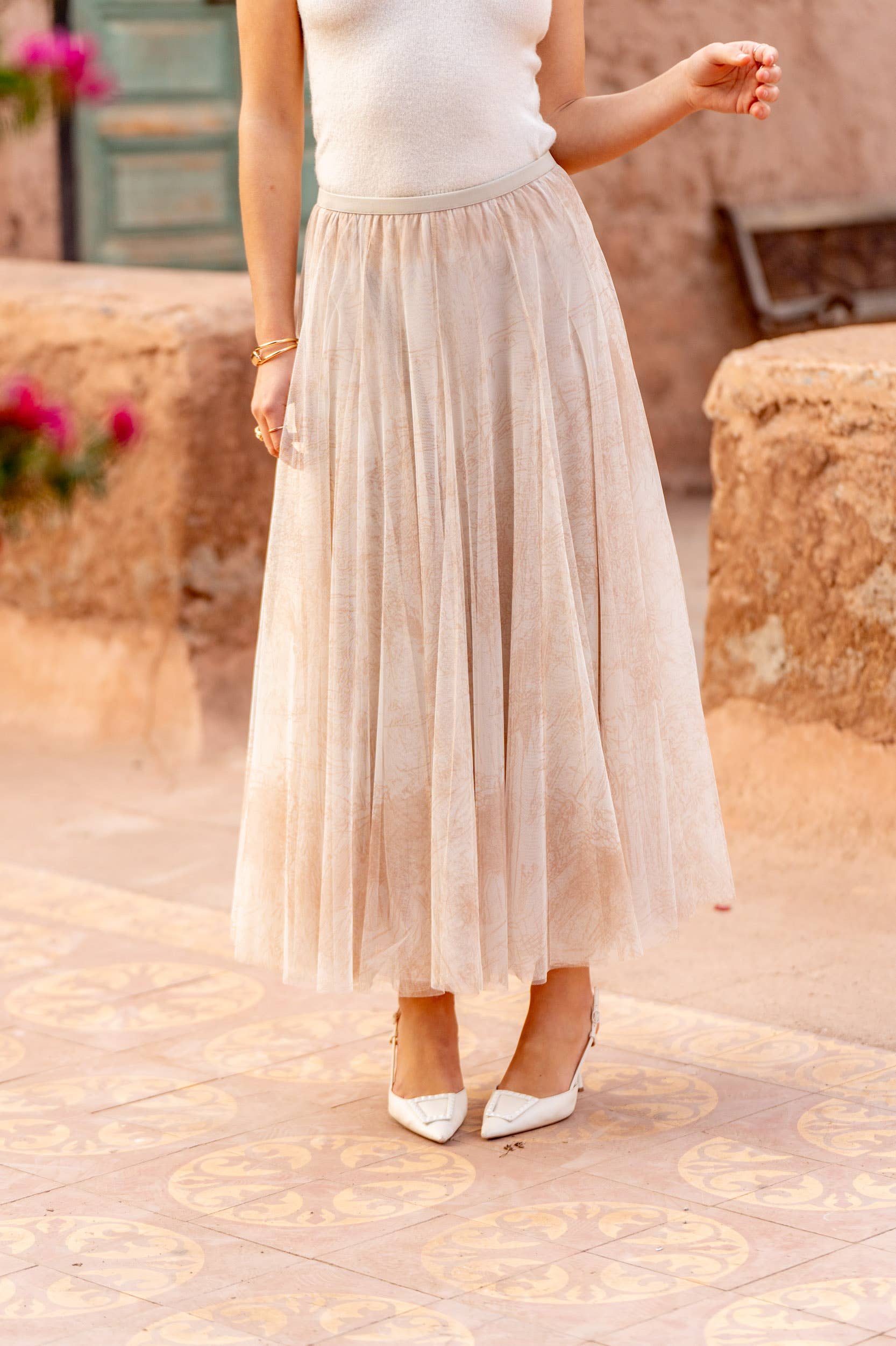 Choklate Paris - Ambre Rock aus Tüll mit Toile-de-Jouy-Print - Ecru - Romantischer Tüllrock