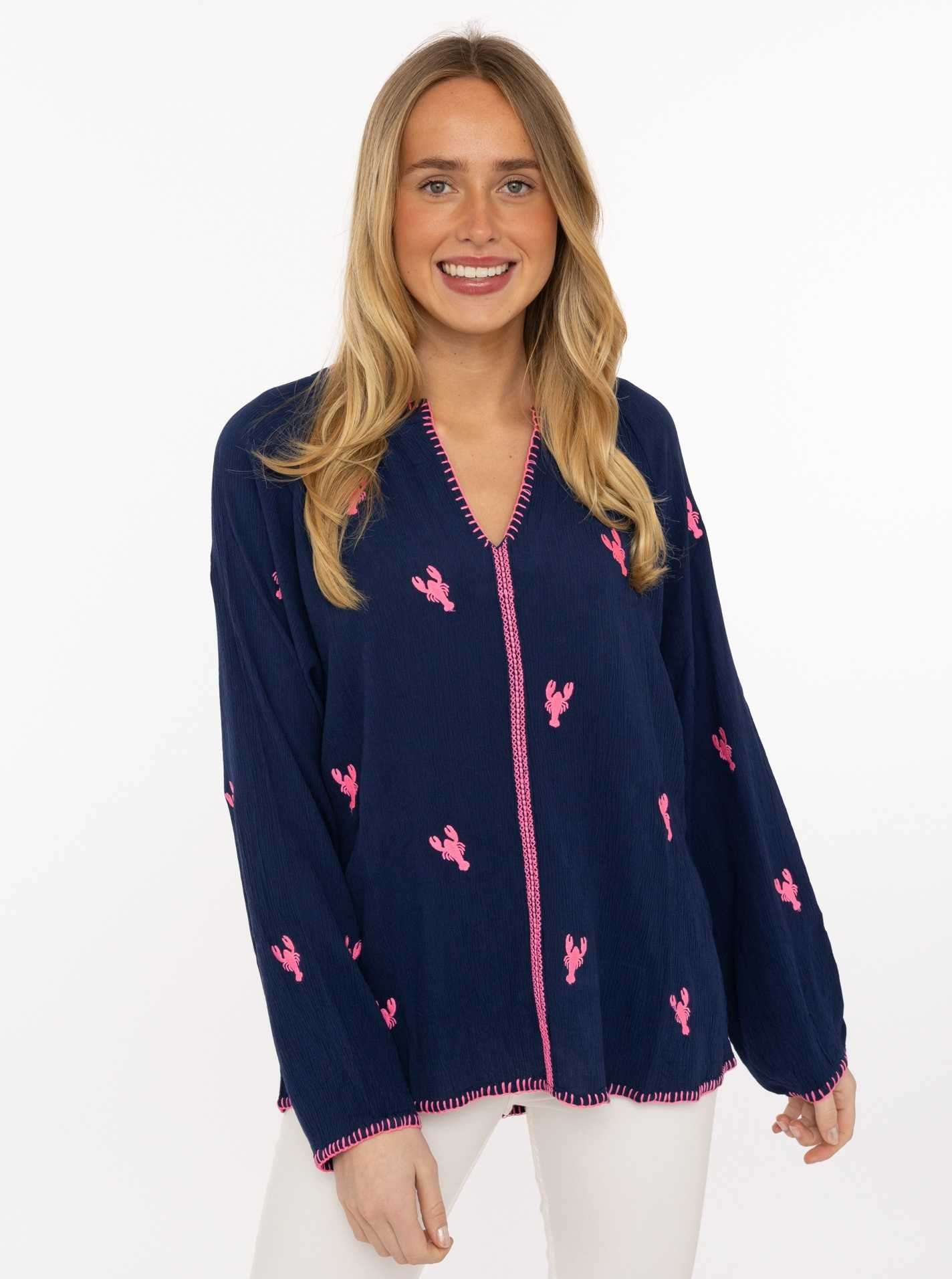 Zwillingsherz Bluse Gestickte Hummer - Dunkel-Blau | Maritime Stickerei | Viskose