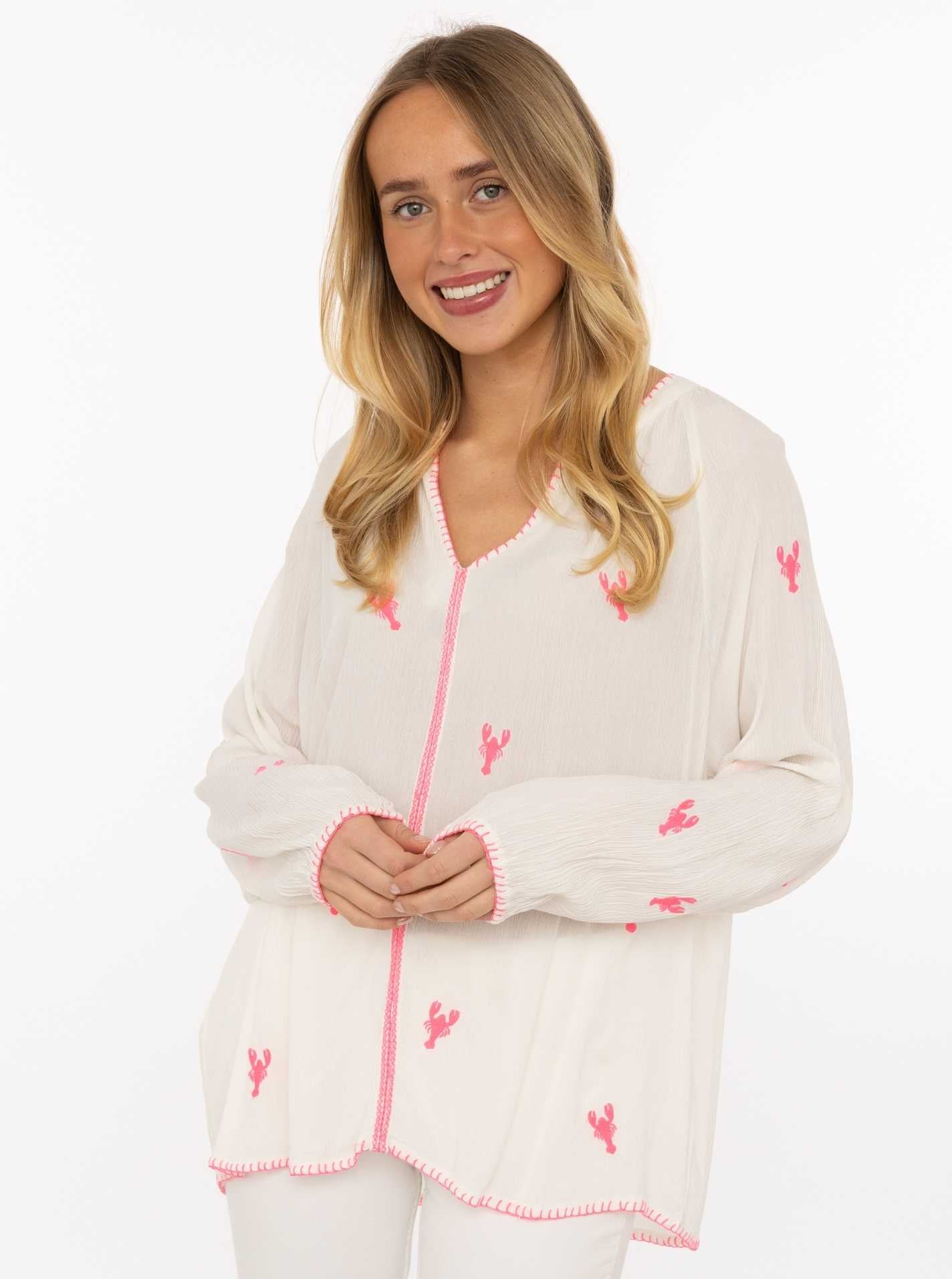 Zwillingsherz Bluse Gestickte Hummer - Weiß  - Maritime Stickerei - Viskose