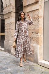 Choklate Paris Maxikleid Marbella in Schokobraun & Weiß Blumenprint Viskose-Seide