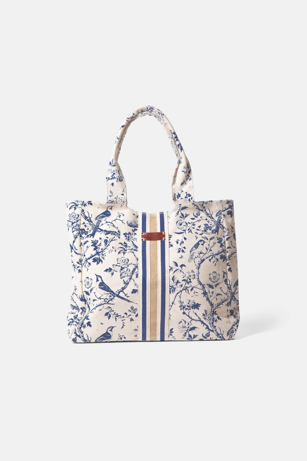 Lanidor Shopper Baumwolle mit Blumenprint - Beige/Blau - gestreiftes Innenfutter & Magnetverschluss