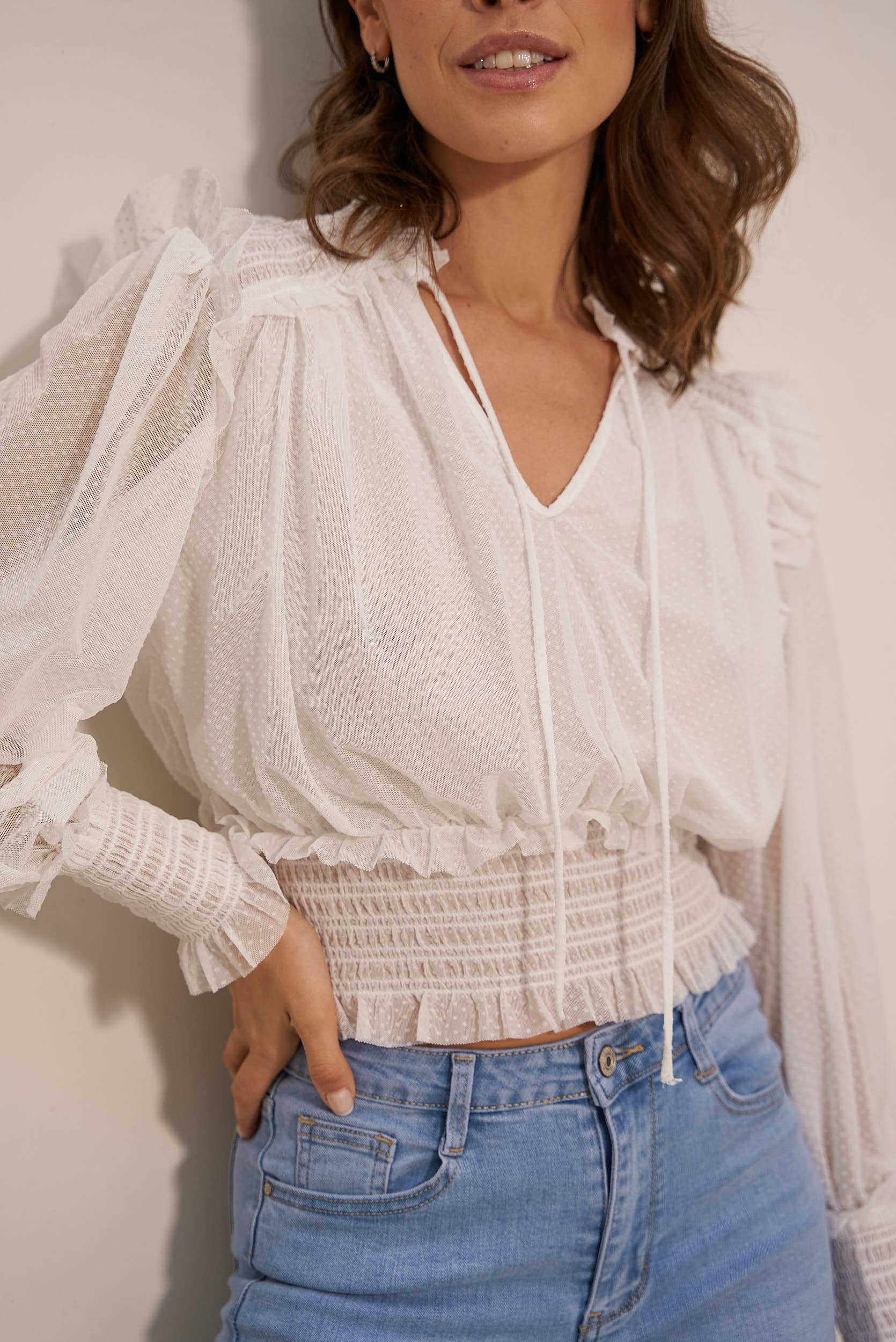 Bluse September V-Ausschnitt - 80966-2: Ecru/Noir / 1S-1M-1 L