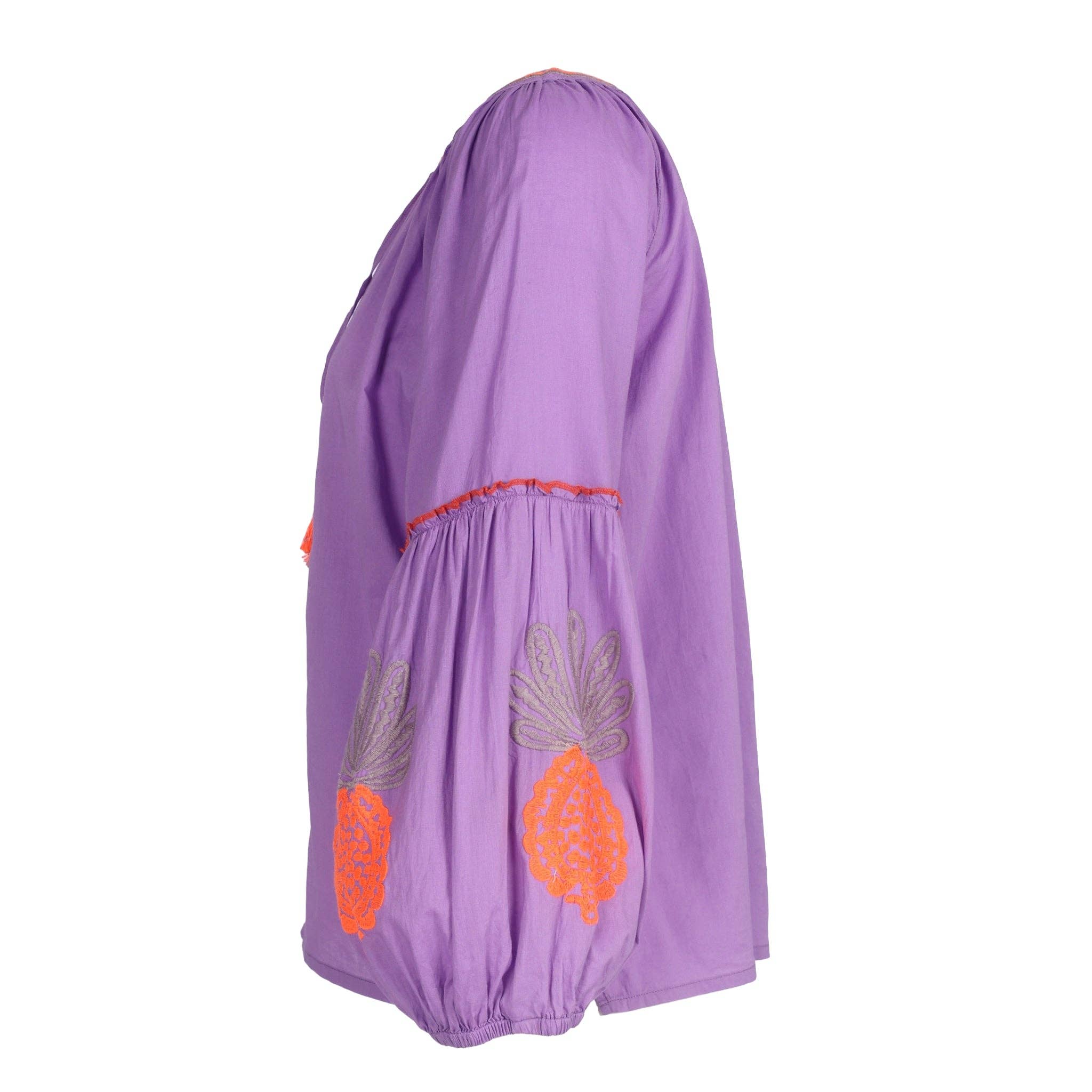 Jep Holland Lila Baumwollbluse mit oranger Blumenstickerei