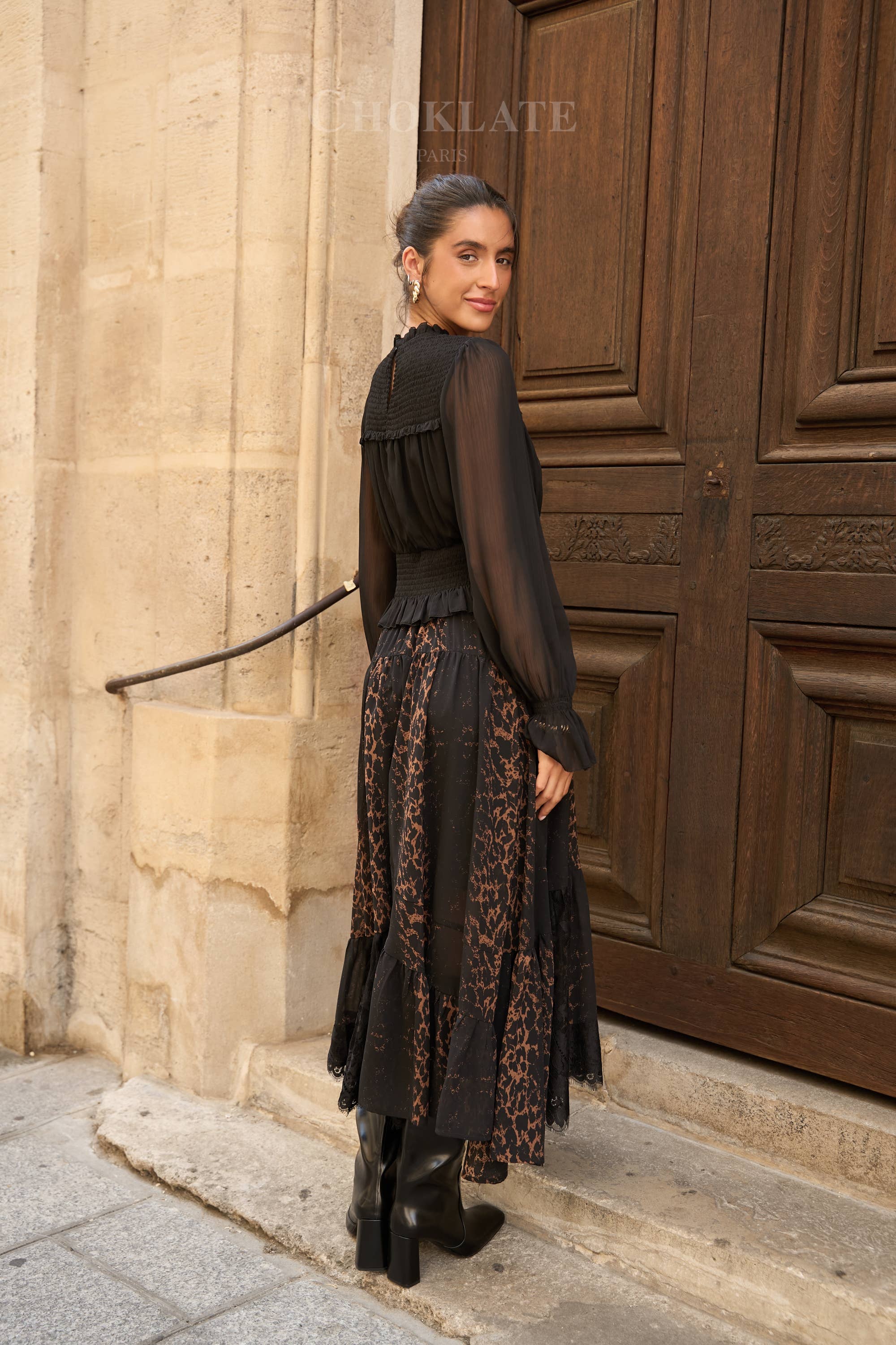Choklate Paris asymmetrischer Leopardenrock mit Spitze in Kakao