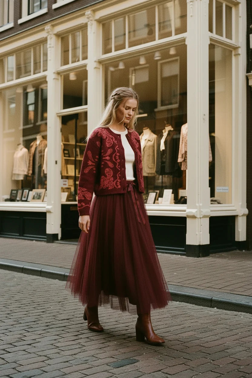 Ange Paris Nayana Granatrot Jacquard-Cardigan