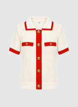 Ange Paris Polo Strick Cardigan Vayabi Baumwollmix Ecru Rot
