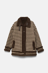Lanidor - Winter-Jacke - Hahnentritt mit Teddyfell in Beige & Braun
