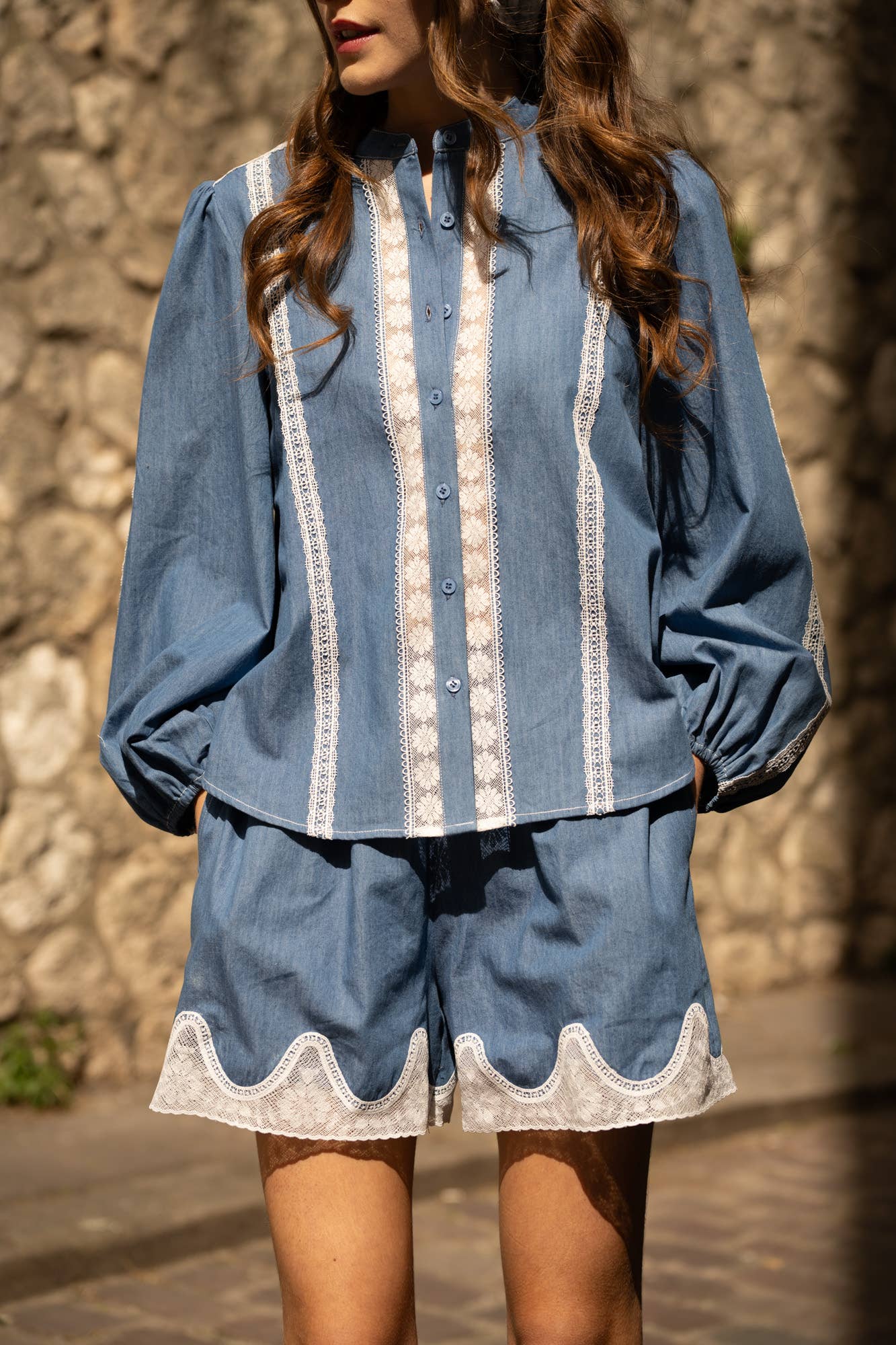 Choklate Paris Denimbluse mit Spitze aus Baumwolle
