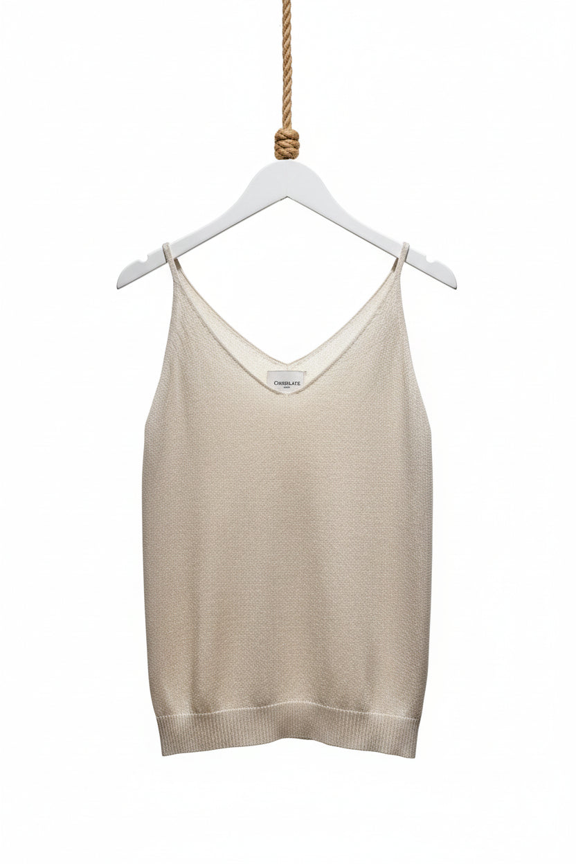 Choklate Paris Glänzendes Lurex-Top Ecru - feines Basic-Top mit schmalen Trägern