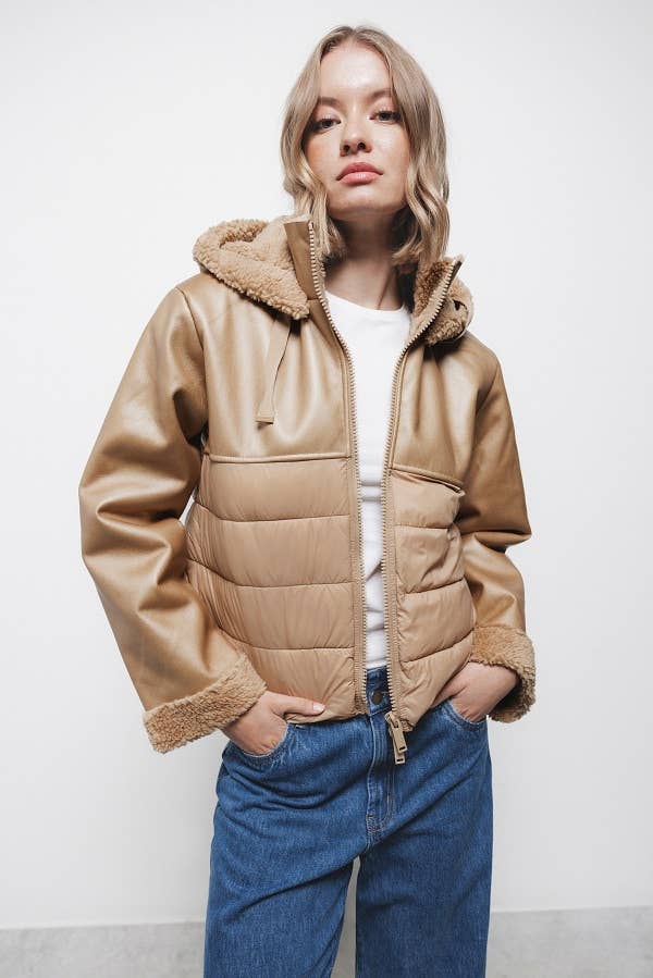 Lanidor - Kapuzen-Jacke mit Reißverschluss - Leder- und Lammfellimitat - Camel