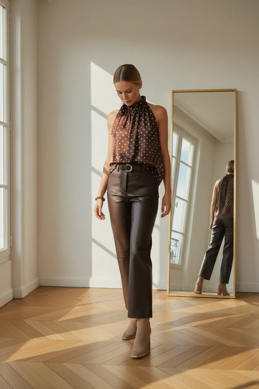 Choklate Paris Satin-Top Elisabeth mit Punkteprint Choco/Ecru