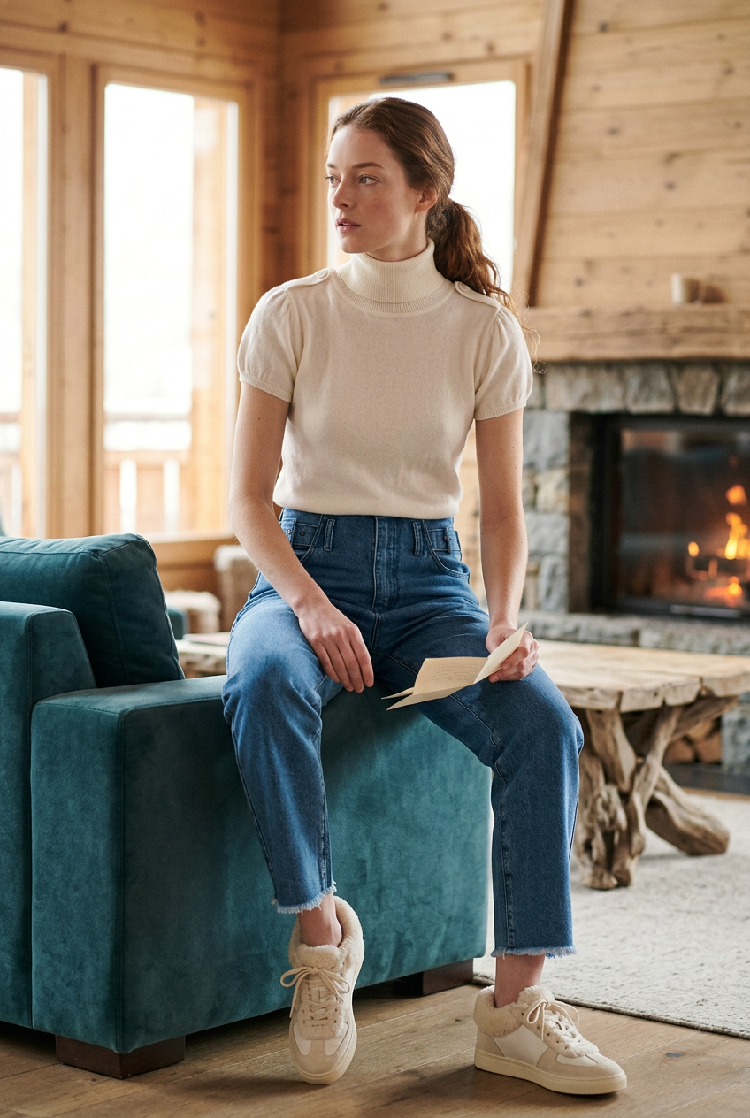 Choklate Alex in Ecru mit blauer Nathael-Paris-Jeans und Lammfellsneakers im Chalet-Stil