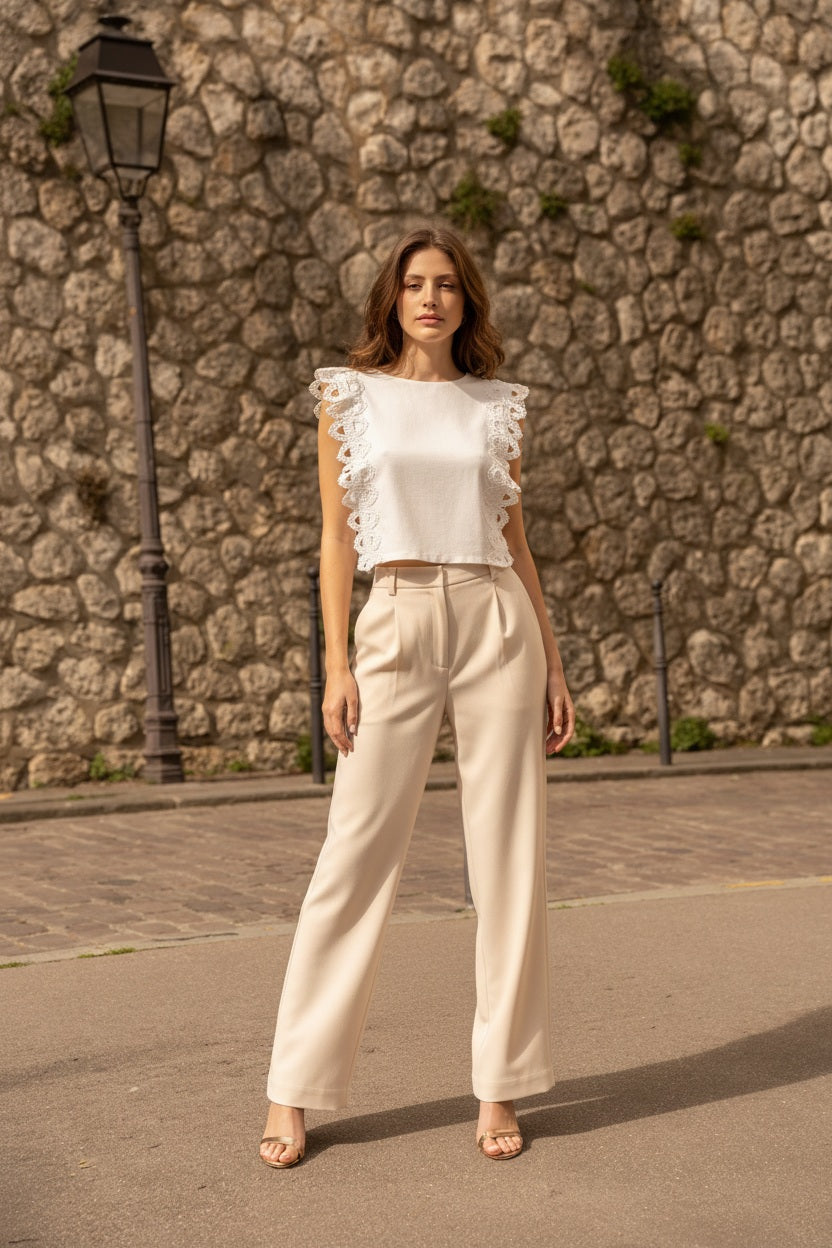 Choklate Paris Hose Beige mit Bügelfalten Baumwolle Lyocell