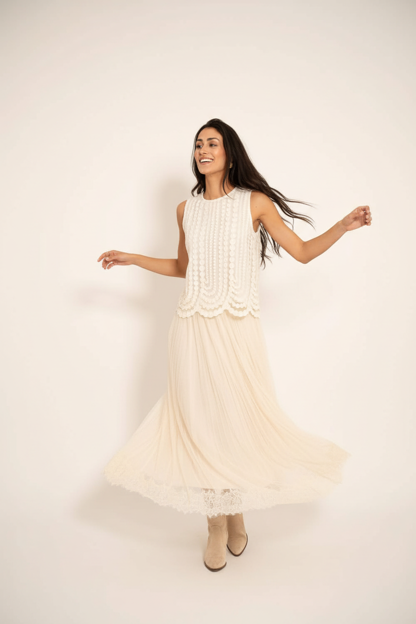 Choklate Paris Besticktes Tüll-Top Ecru