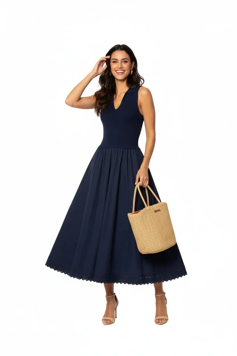 Choklate Paris Kleid aus raffiniertem Materialmix - Feinstrick-Oberteil mit Polokragen Marine Blau