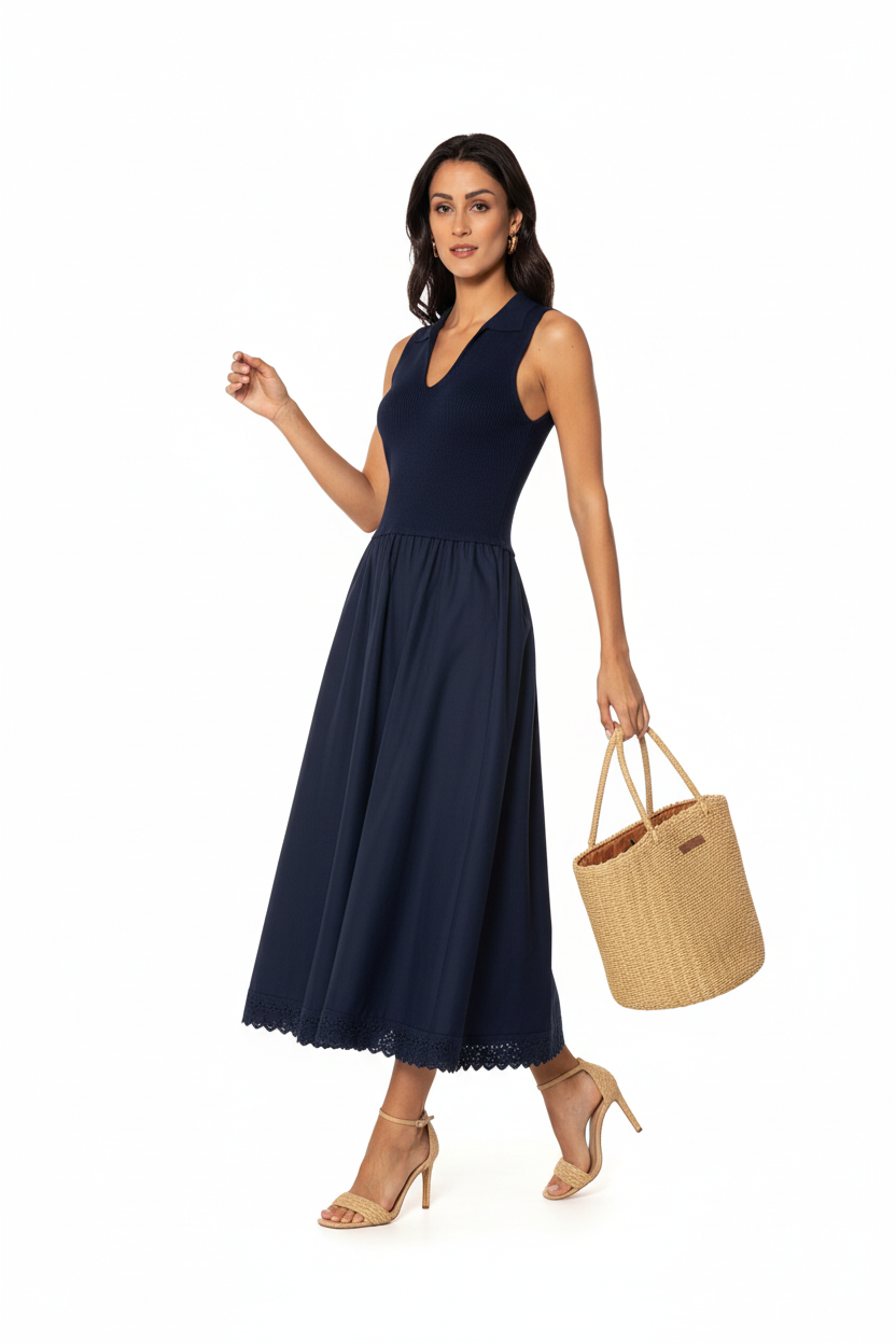 Choklate Paris Kleid Marine-Blau mit Korbtasche