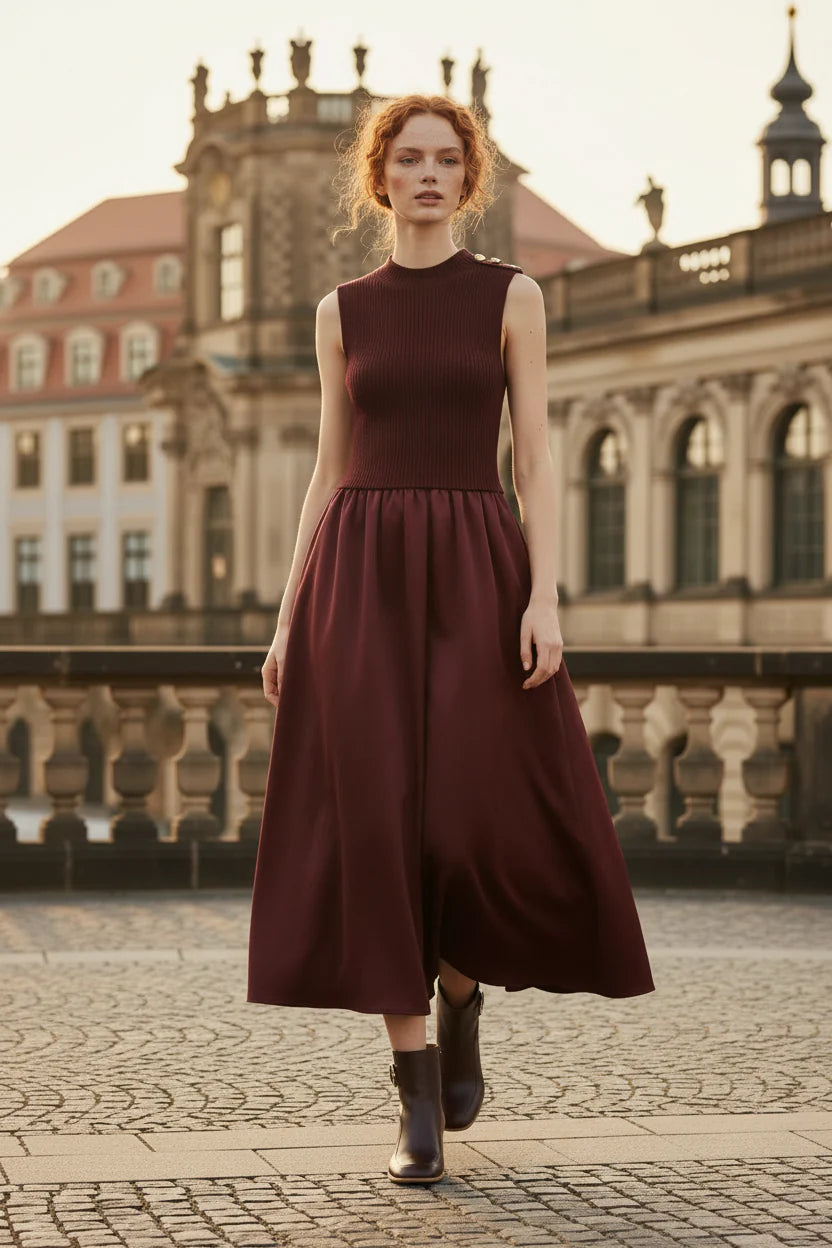 Choklate Paris Kleid Steffi Materialmix mit Stehkragen Bordeaux