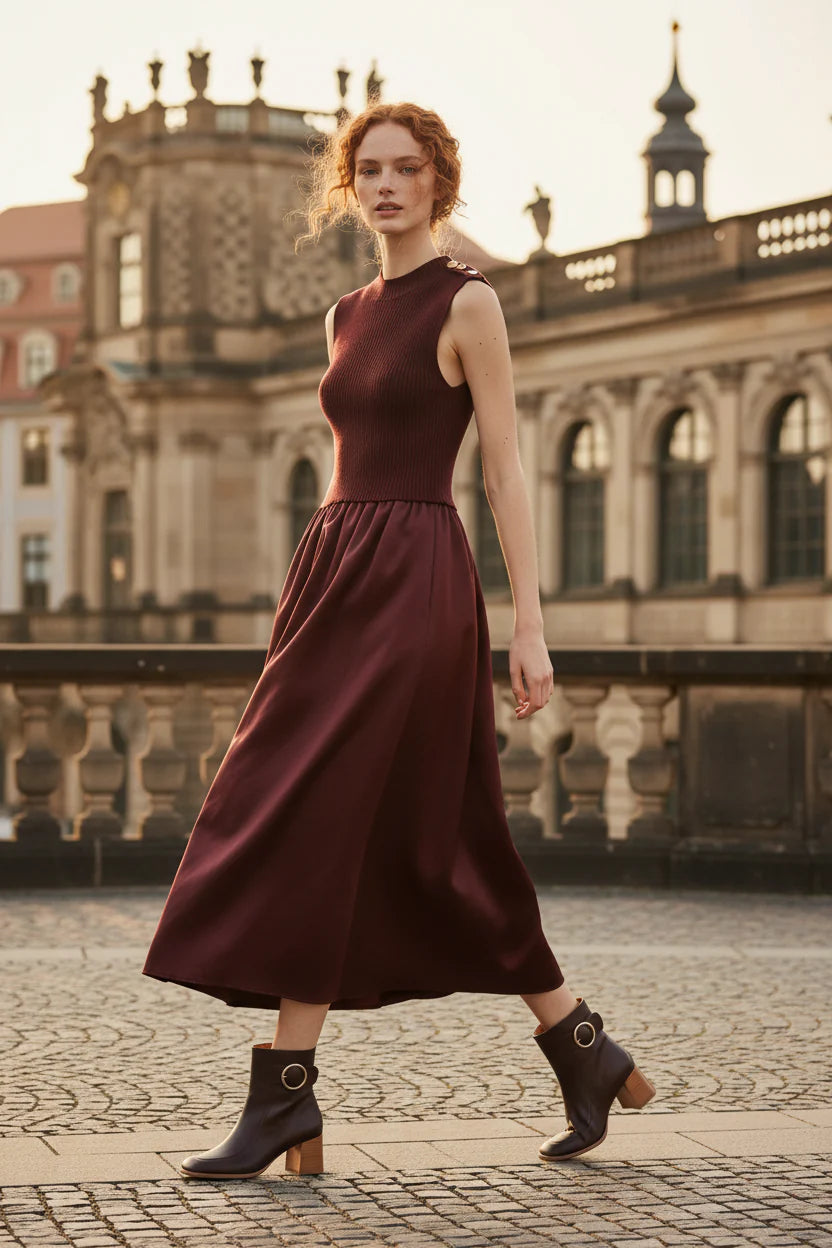 Choklate Paris Kleid Steffi Materialmix mit Stehkragen Bordeaux