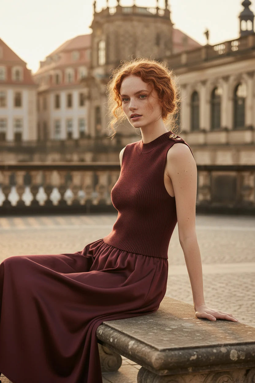 Choklate Paris Kleid Steffi Materialmix mit Stehkragen Bordeaux