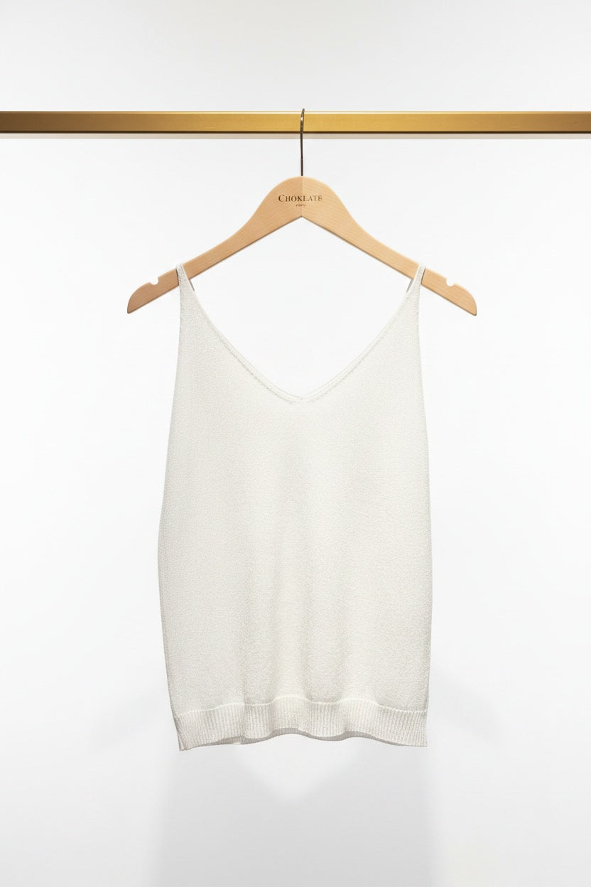 Choklate Paris Lurex-Trägershirt Blanc Argenté – feines Stricktop Weiß mit Silberschimmer
