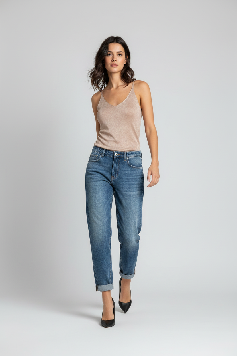 Choklate Paris Lurextop in Taupe mit Sexy Woman Boyfriend Jeans - heller Hintergrund