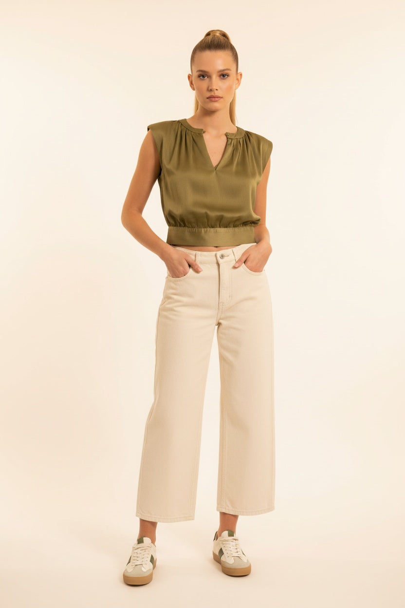 Choklate Paris Satin-Top Maguie Olive mit Schleifenverschluss am Rücken