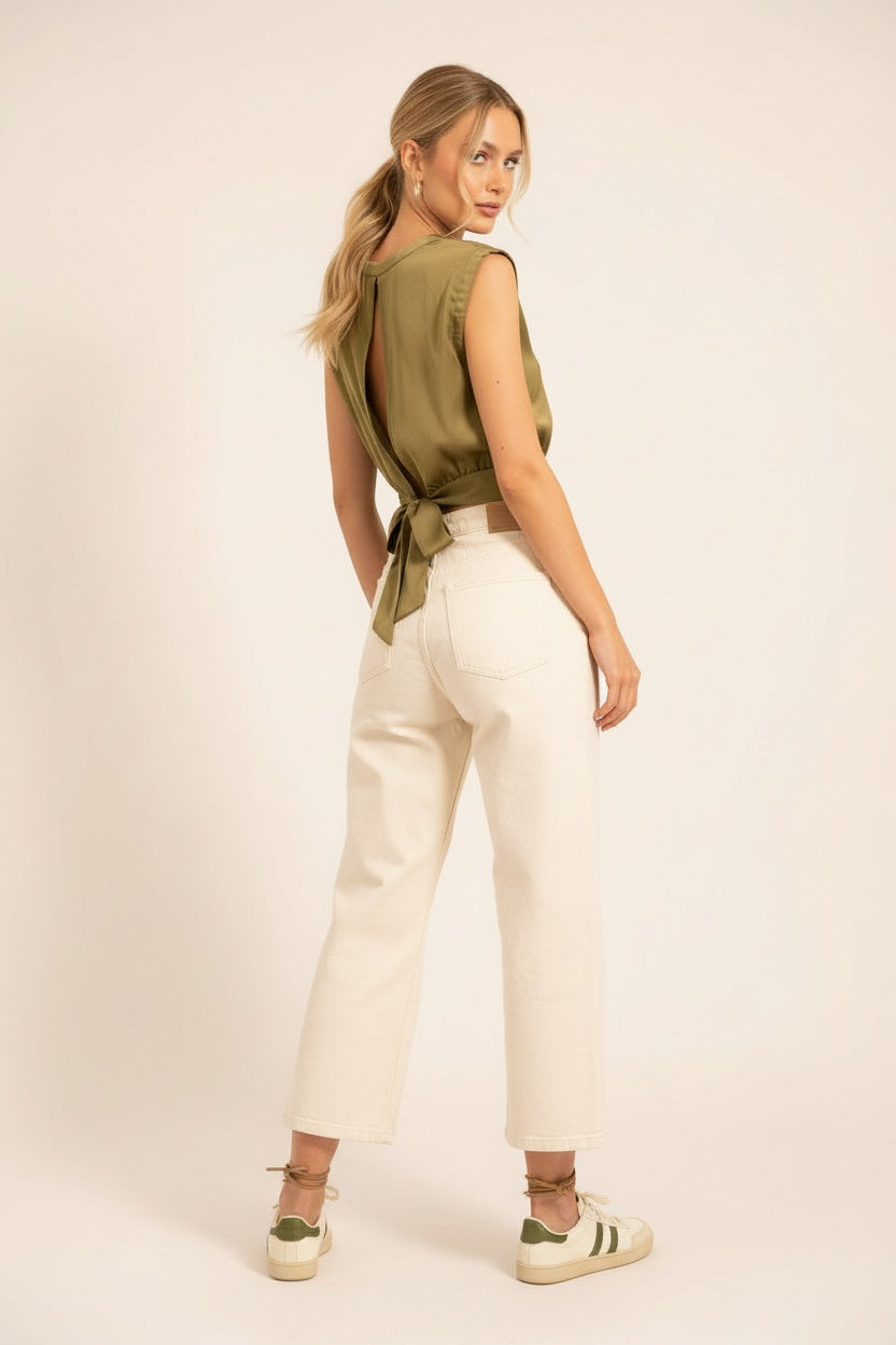 Choklate Paris Satin-Top Maguie Olive mit Schleifenverschluss am Rücken