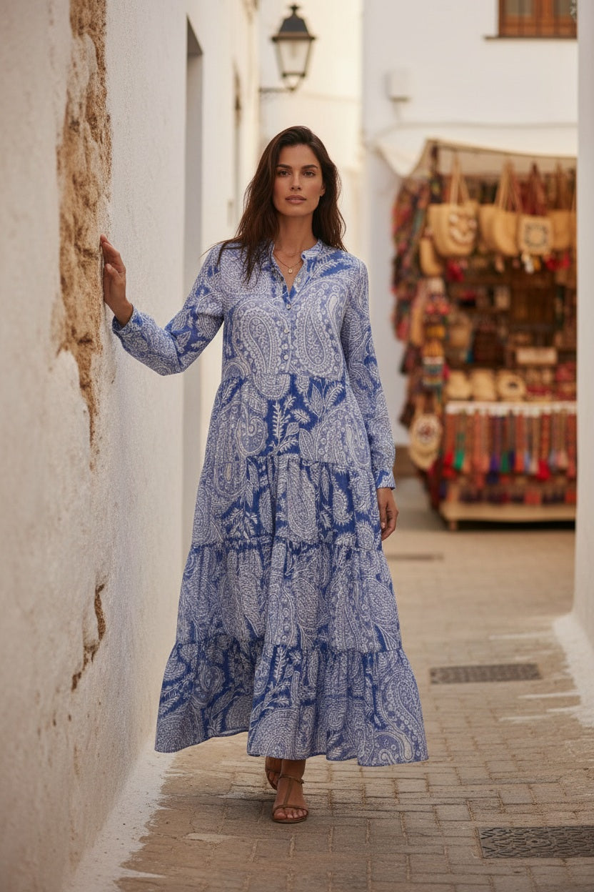 Choklate Paris Marbella Maxikleid Seide Viskose Paisley Blau Weiß