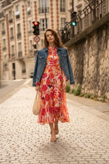 Choklate Paris Maxikleid Marbella Orange Pink Blumenprint Viskose-Seide