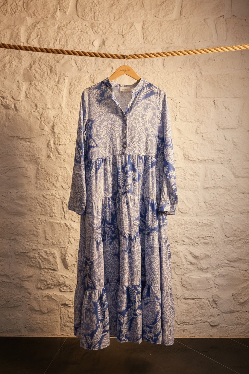 Choklate Paris Marbella Maxikleid Seide Viskose Paisley Blau Weiß