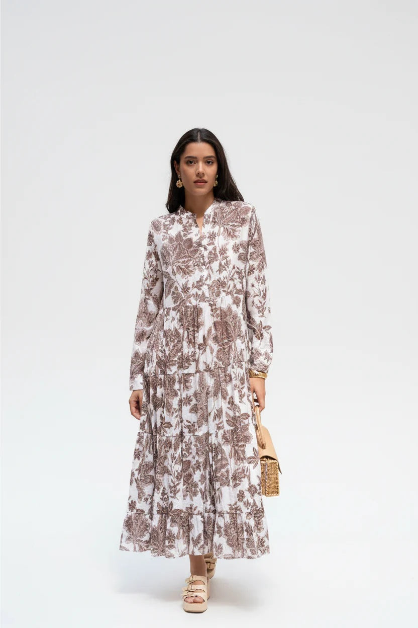 Choklate Paris Maxikleid Marbella in Schokobraun & Weiß Blumenprint Viskose-Seide